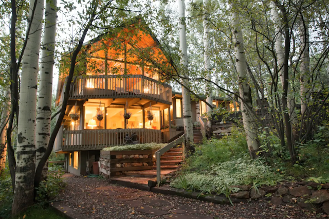 2 story cabin at twilight near Aspen