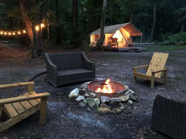 glamping tent with firepit