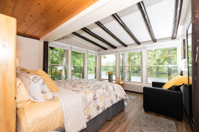master bedroom of lake front cabin