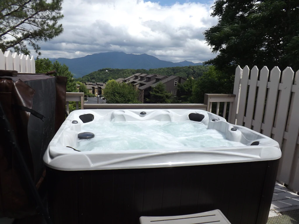Victorian Mountain Chalet hot tube and view